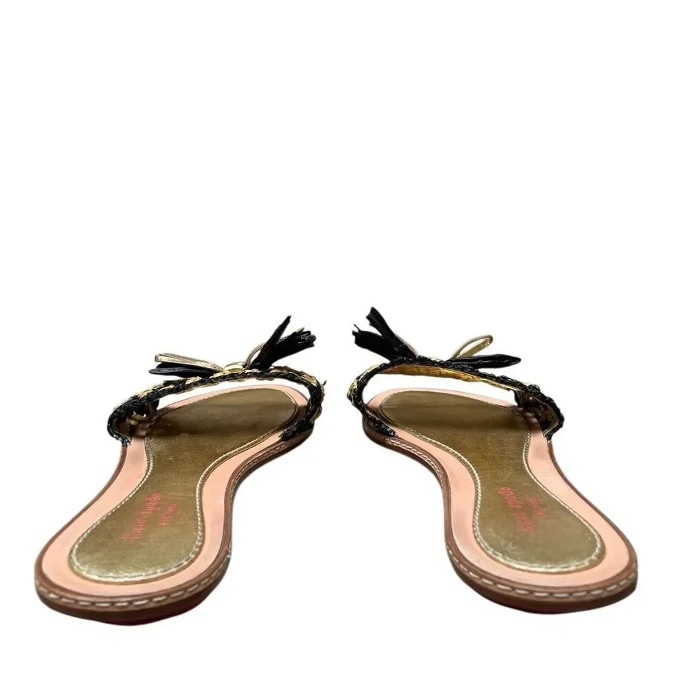 Kate Spade New‎ York Navy Raffia and Gold bow leather slide sandals women’s 9